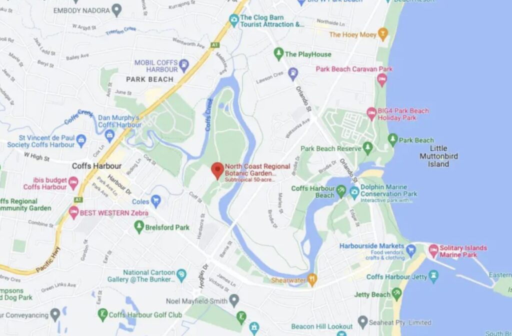 Map of Coffs Harbour showing the location of the botanic garden.
